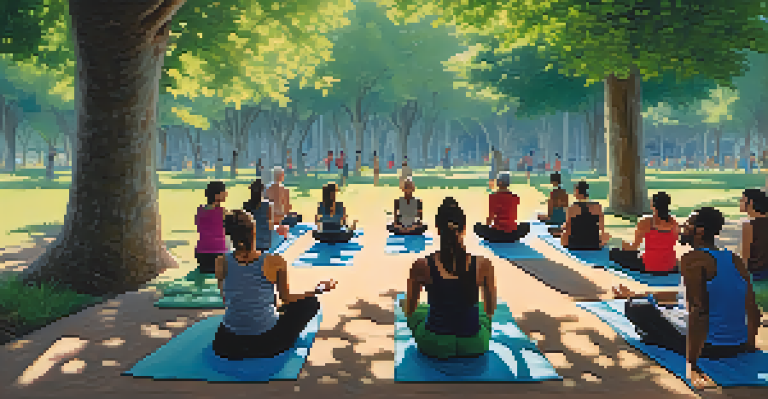 A diverse group practicing alternate nostril breathing in a sunny park with trees.