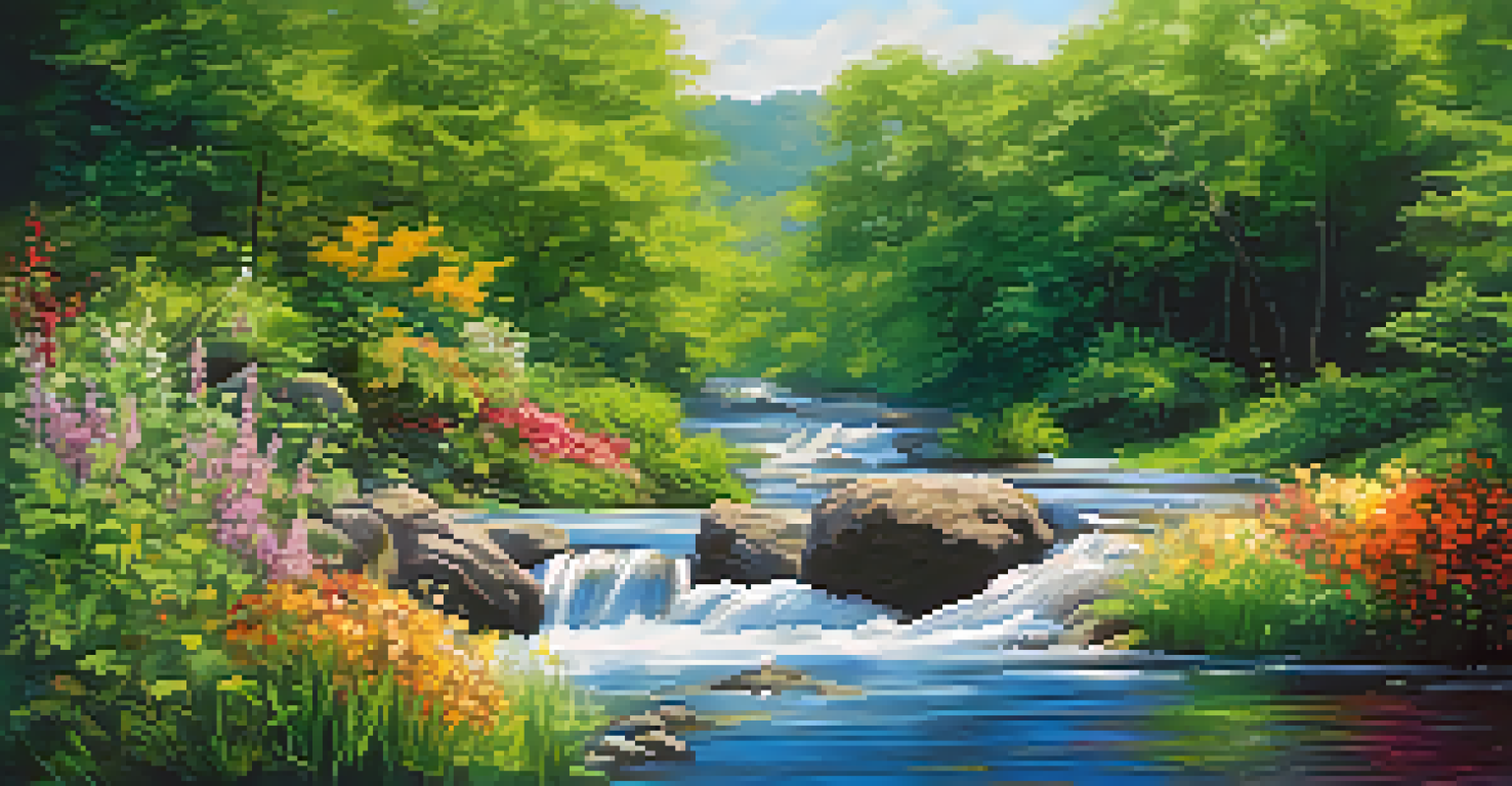 A vibrant artistic depiction of a flowing river surrounded by greenery and flowers, symbolizing the flow of creativity.