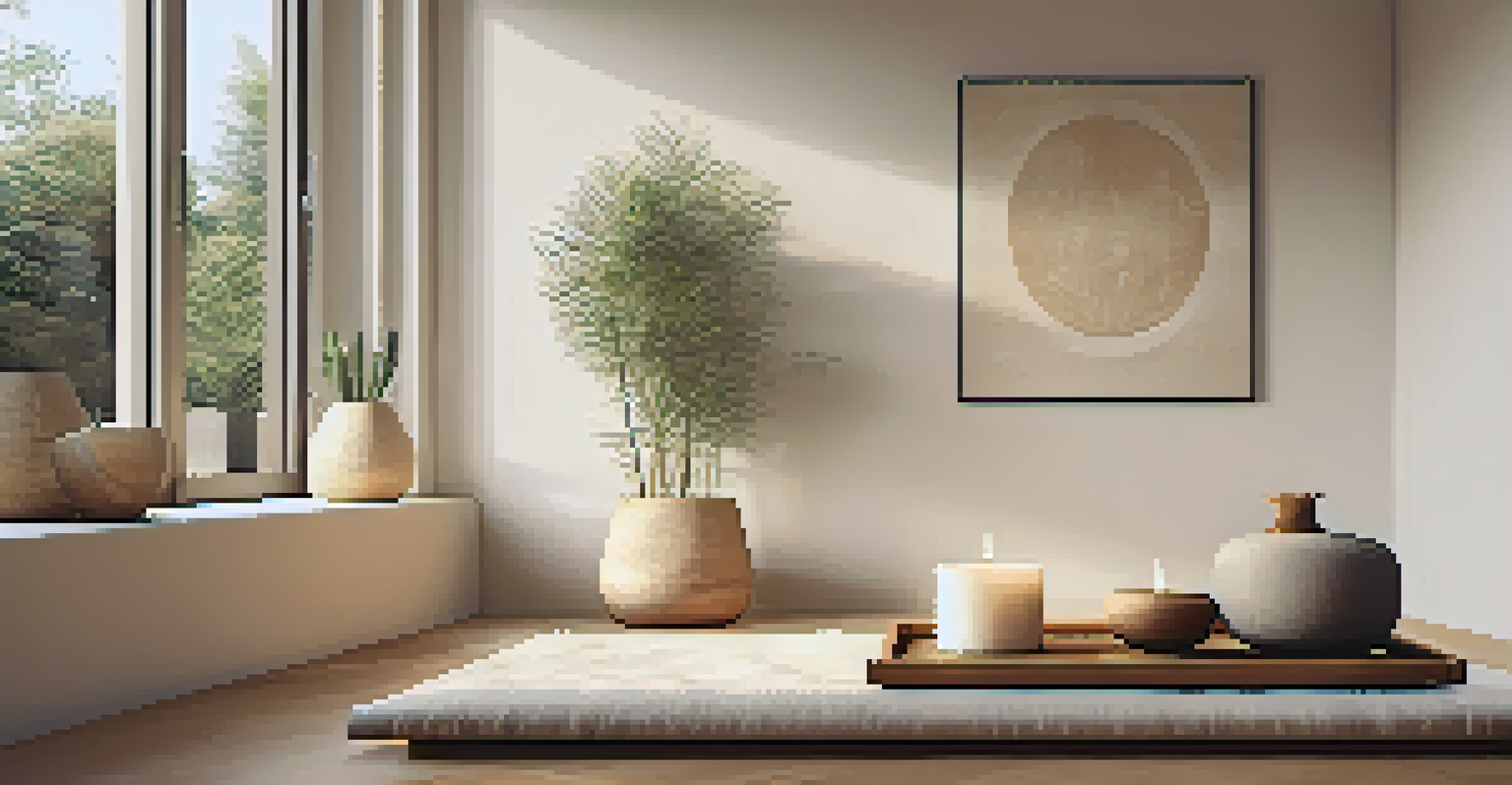 A minimalist meditation space featuring a bamboo cushion, candles, and soft earth-toned decor.