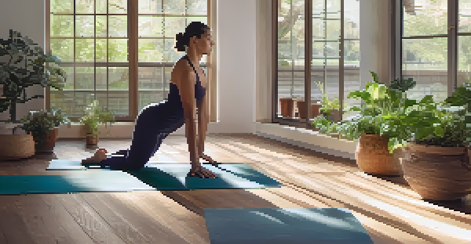 A person meditating on a yoga mat in a sunlit room surrounded by plants, conveying a sense of tranquility.