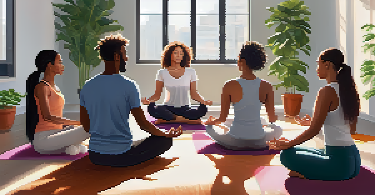 A group of diverse colleagues meditating together in a bright office, seated in a circle on yoga mats with sunlight and plants around them.