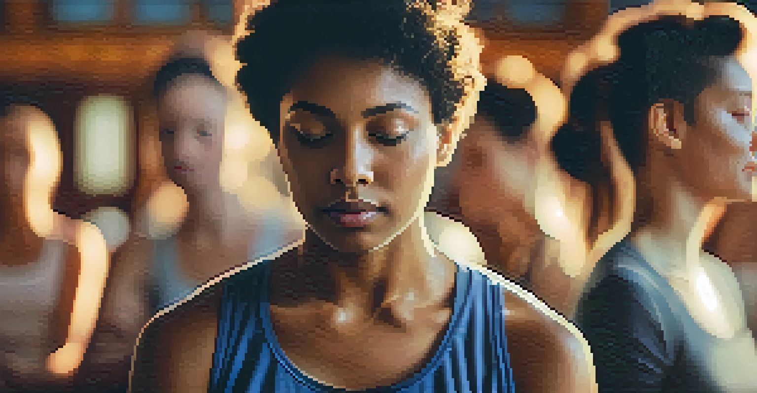 A person practicing Ujjayi breathing with a calm expression in a yoga class.