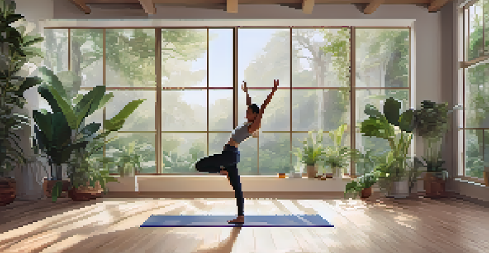 A person practicing yoga in a bright indoor space filled with plants and natural light.
