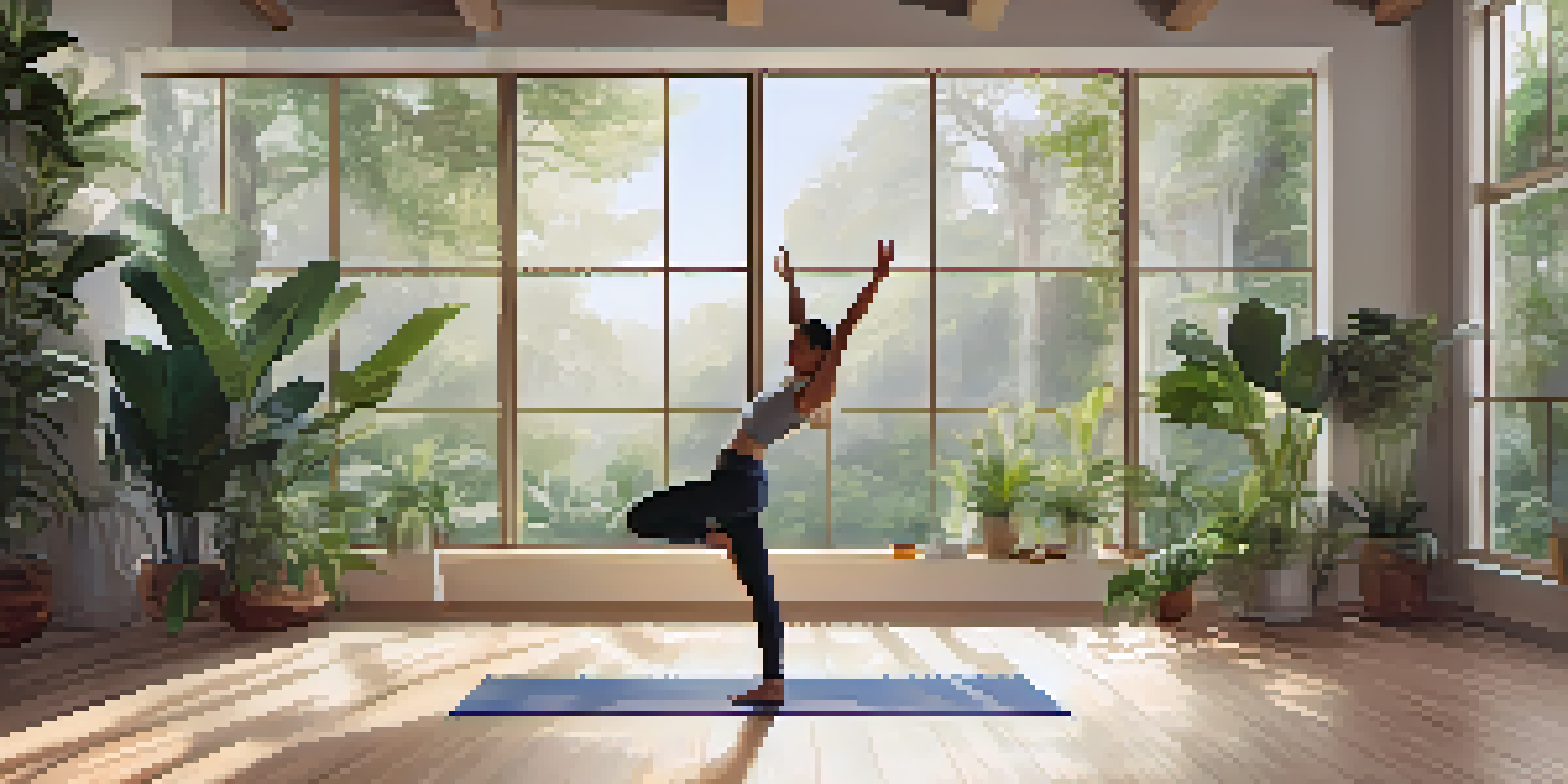 A person practicing yoga in a bright indoor space filled with plants and natural light.