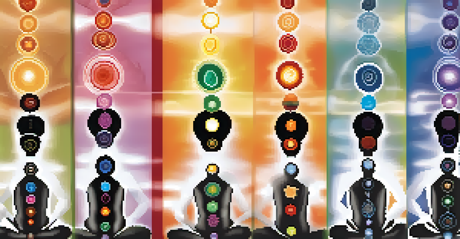 A human silhouette with seven colorful chakras illustrated along the body, set against a gradient background.