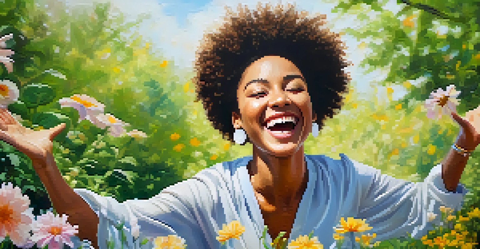 A person joyfully practicing laughter yoga outdoors in a park, surrounded by flowers and greenery, with hands raised and a bright smile.
