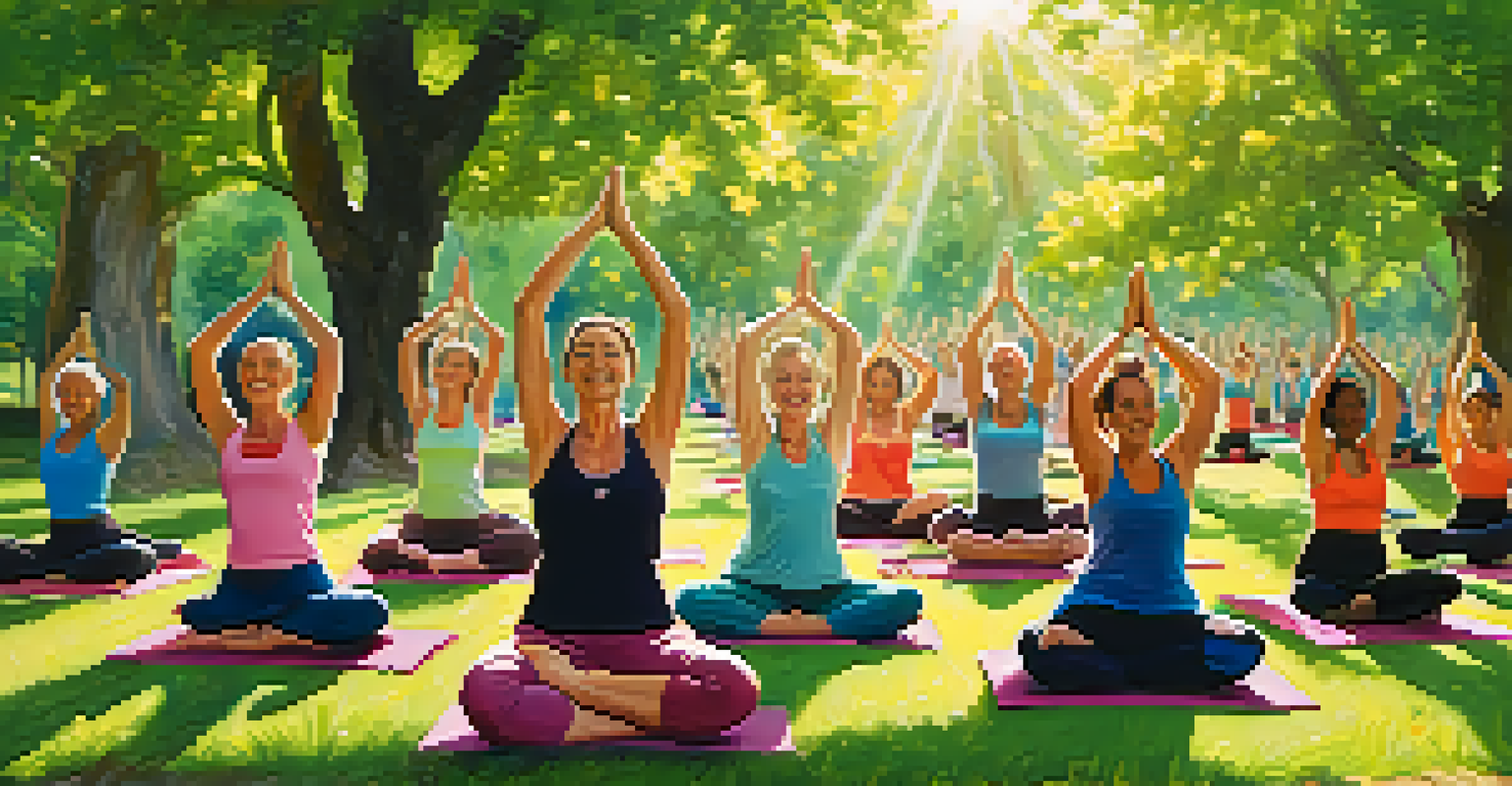 A joyful outdoor yoga class in a park, with participants laughing and breathing deeply under dappled sunlight.