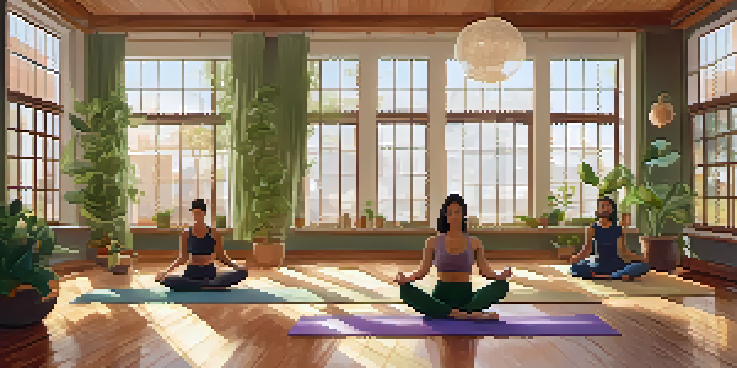 A diverse group of individuals practicing yoga in a serene studio filled with natural light and plants, promoting community and mindfulness.