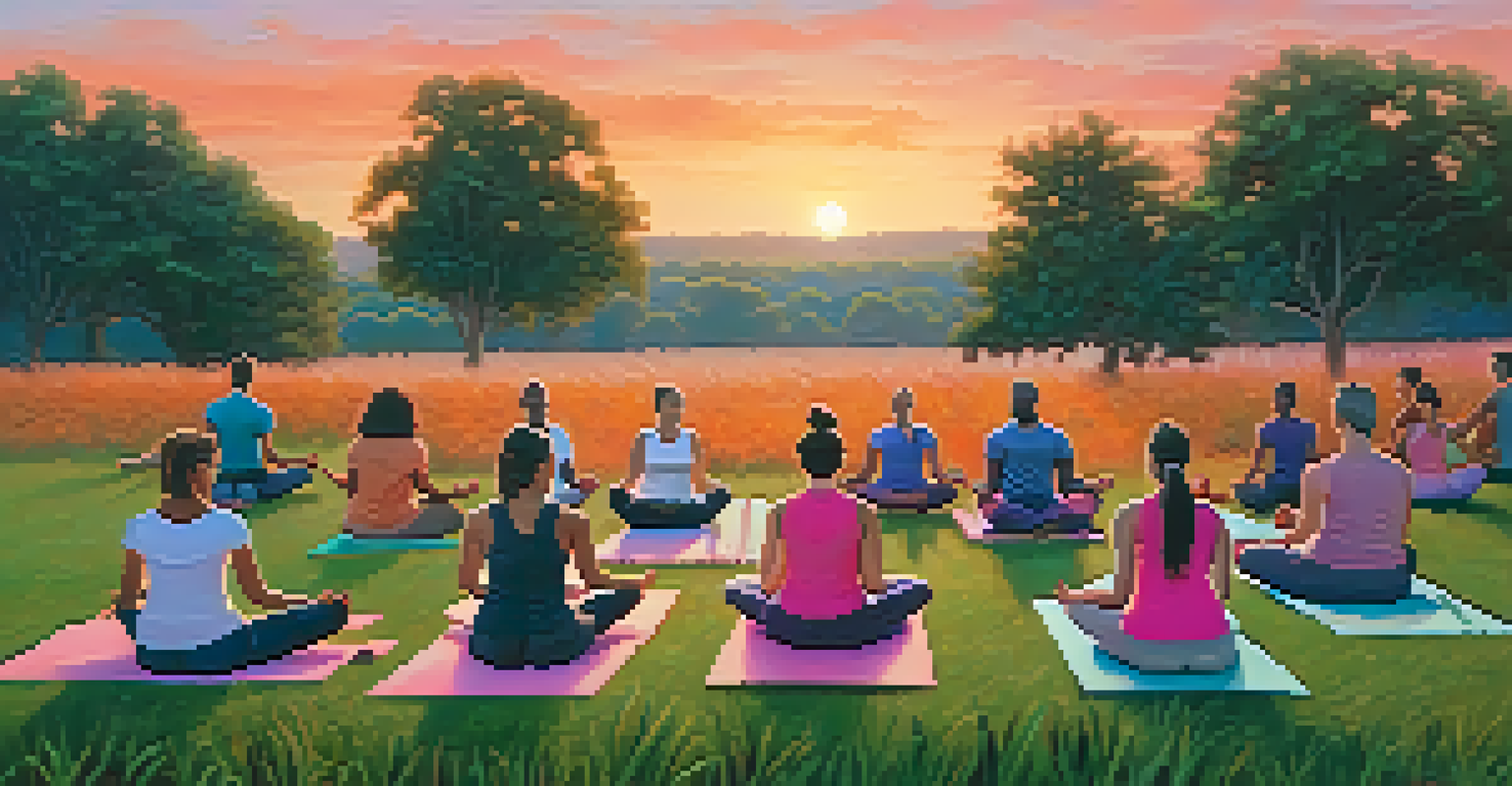 A diverse group of people practicing Vinyasa yoga together on a grassy field at sunset.