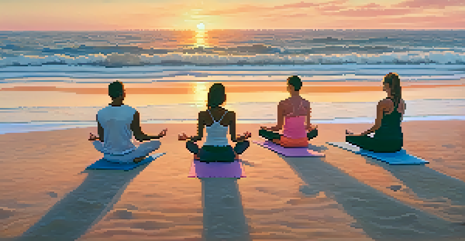 A group of people doing yoga on the beach at sunrise, with a colorful sky and ocean waves in the background.