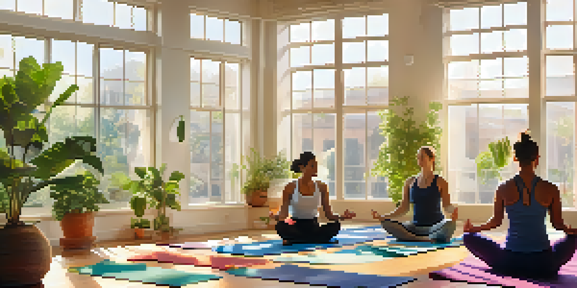 A diverse group of individuals practicing yoga in a bright, sunlit studio filled with indoor plants and colorful mats.