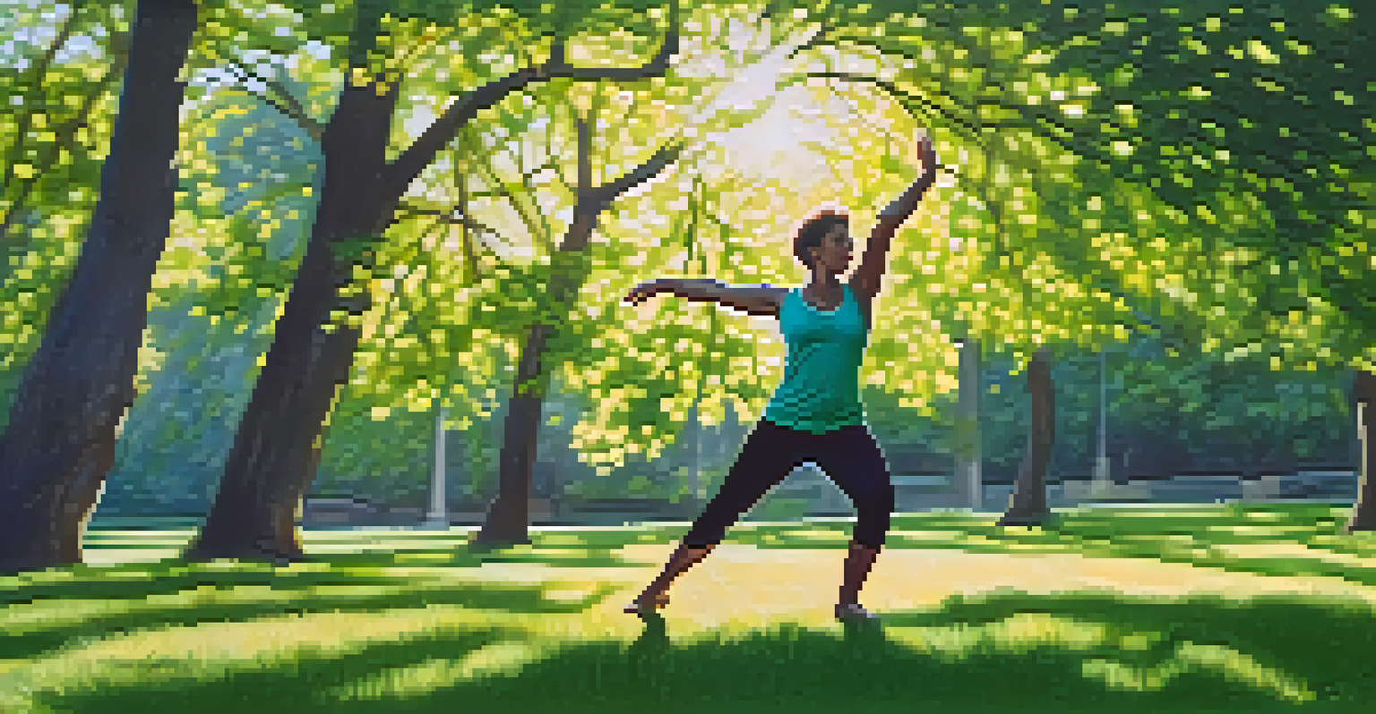 A person in Warrior III pose in a green park, balancing on one leg with the other extended back, surrounded by sunlight filtering through trees.