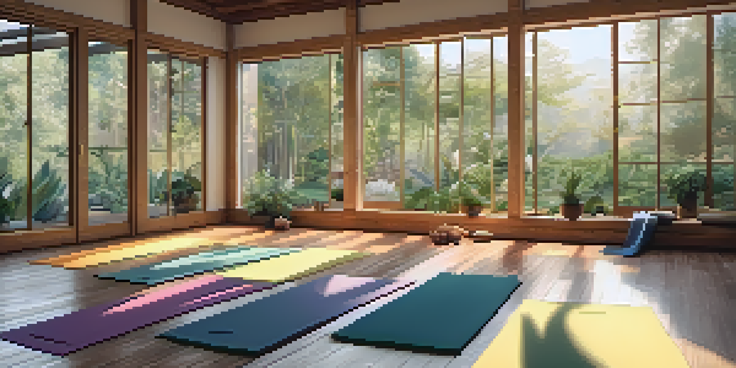 A yoga studio with practitioners in different positions, soft lighting, and a view of a garden outside, with music notes floating in the air.