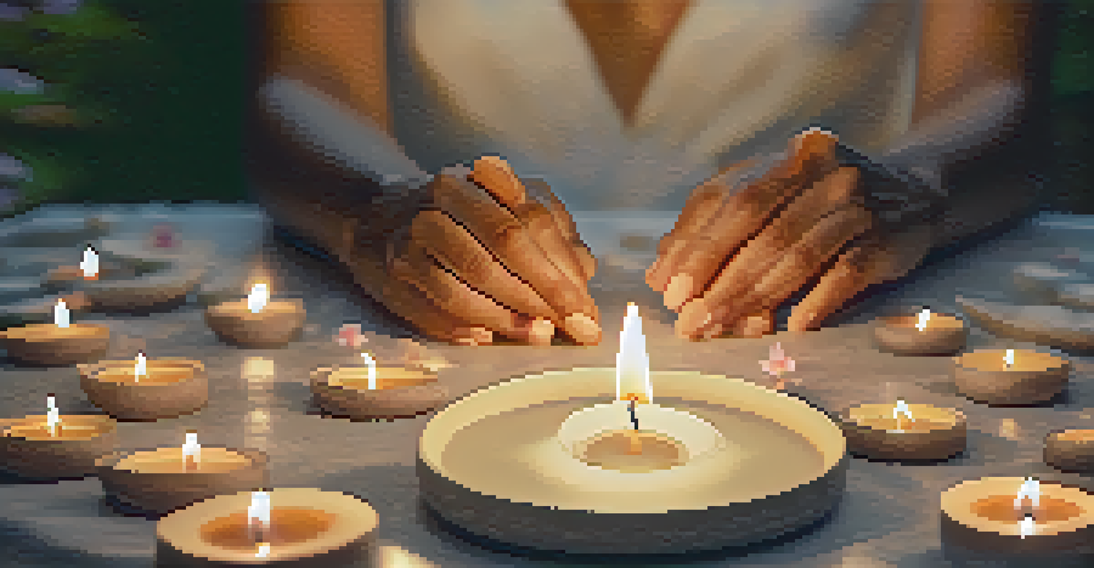 Close-up of hands in a meditative gesture on a stone surface, surrounded by candles and flowers, creating a calming atmosphere.