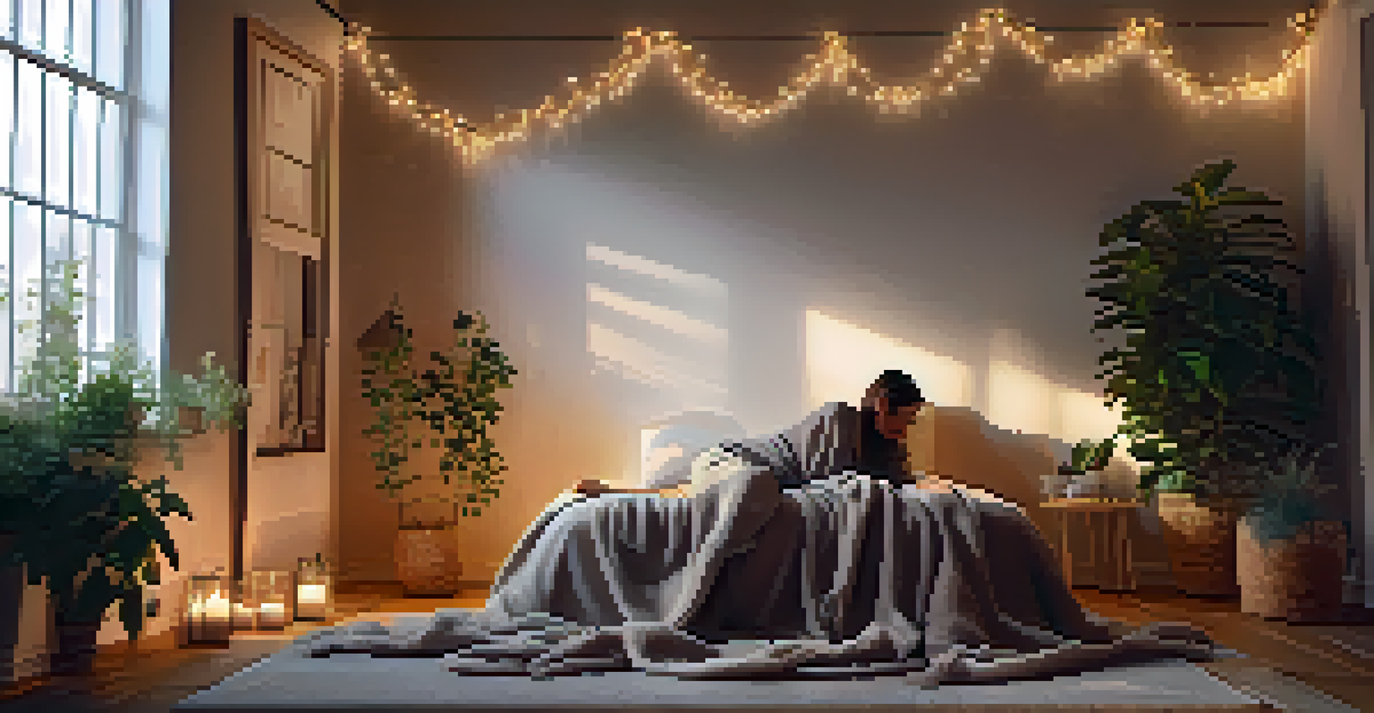 A person relaxing in Legs-Up-the-Wall pose with a blanket and plants, creating a cozy and tranquil yoga environment.