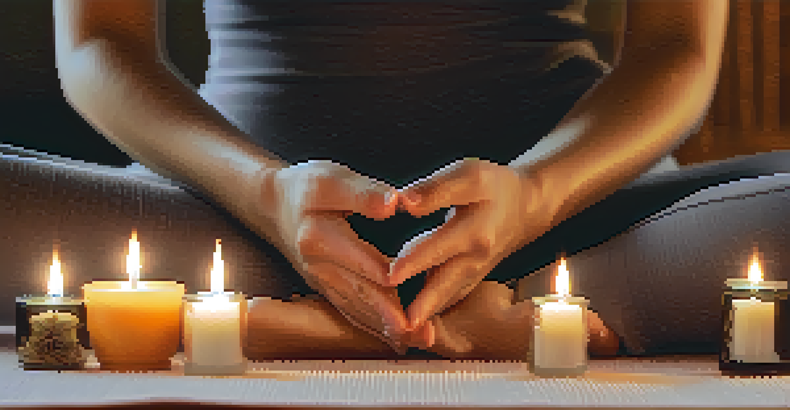 Close-up of hands in a meditation mudra on a yoga mat, with candles and essential oils in the background.