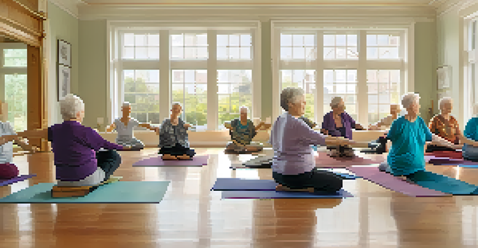 A group of elderly individuals practicing chair yoga in a well-lit room with large windows and plants.