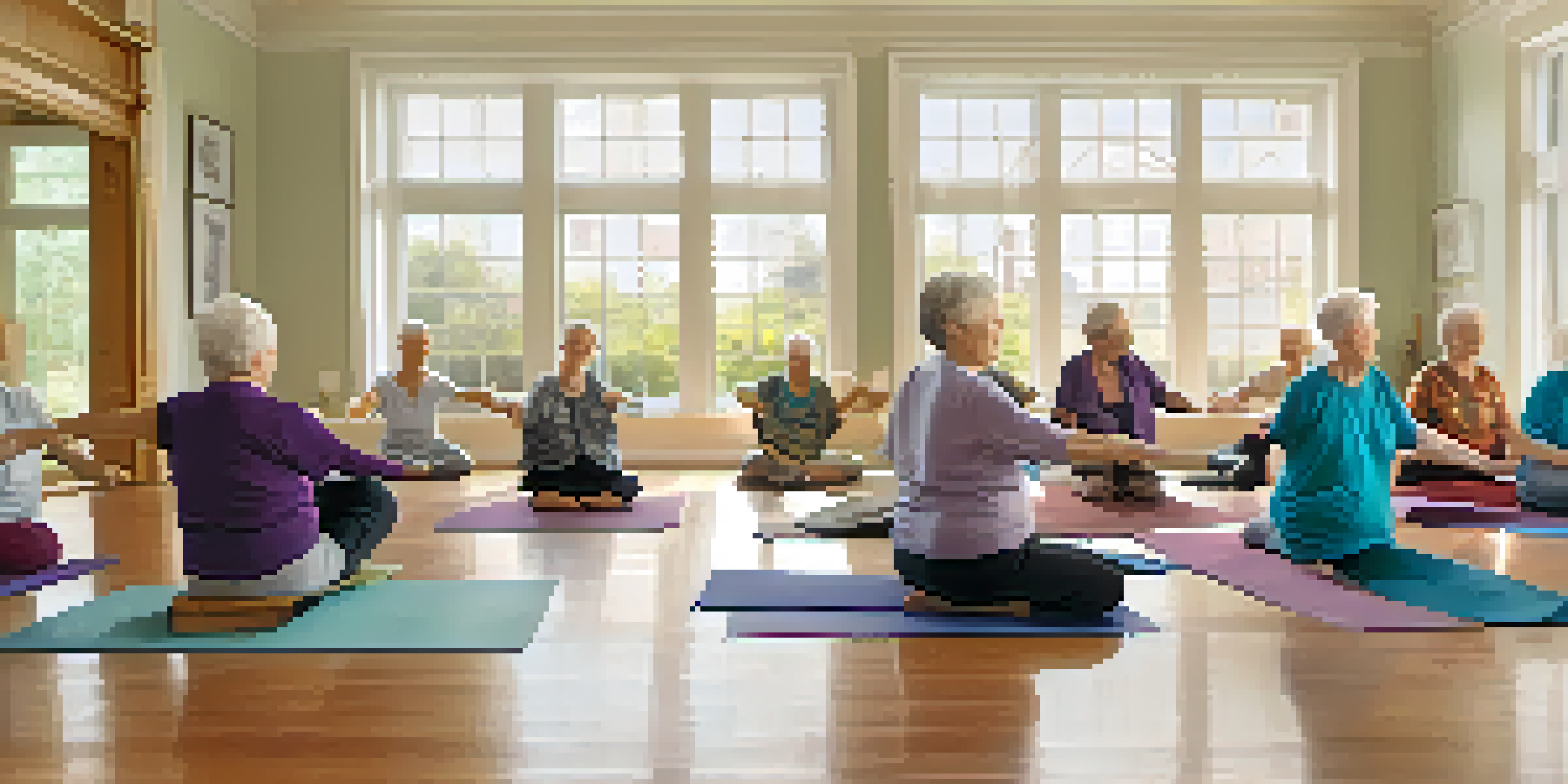 A group of elderly individuals practicing chair yoga in a well-lit room with large windows and plants.