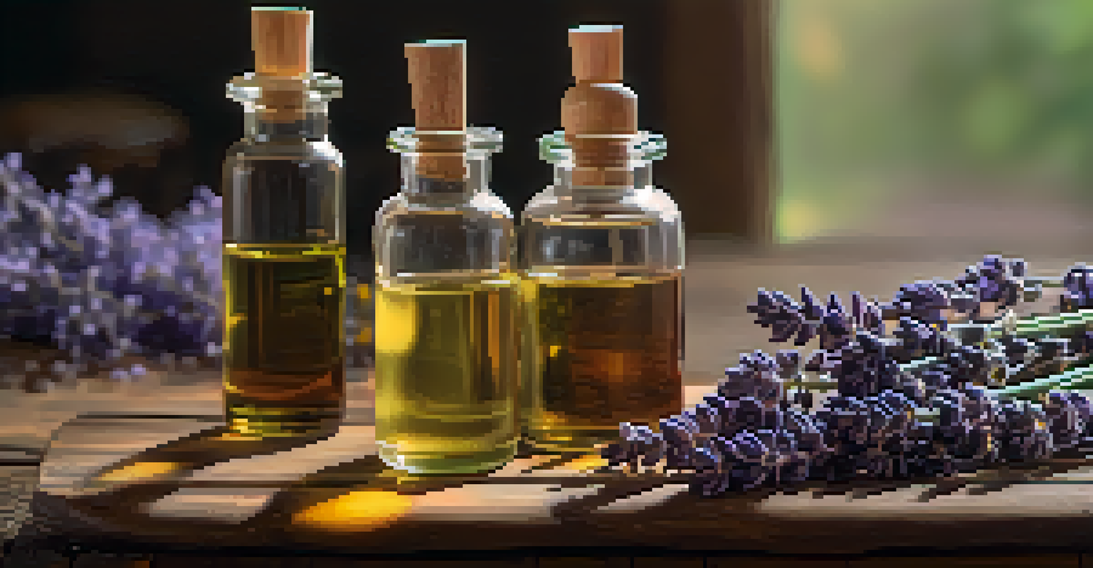 A collection of essential oil bottles labeled with their names, set on a wooden table with dried lavender flowers in the background.