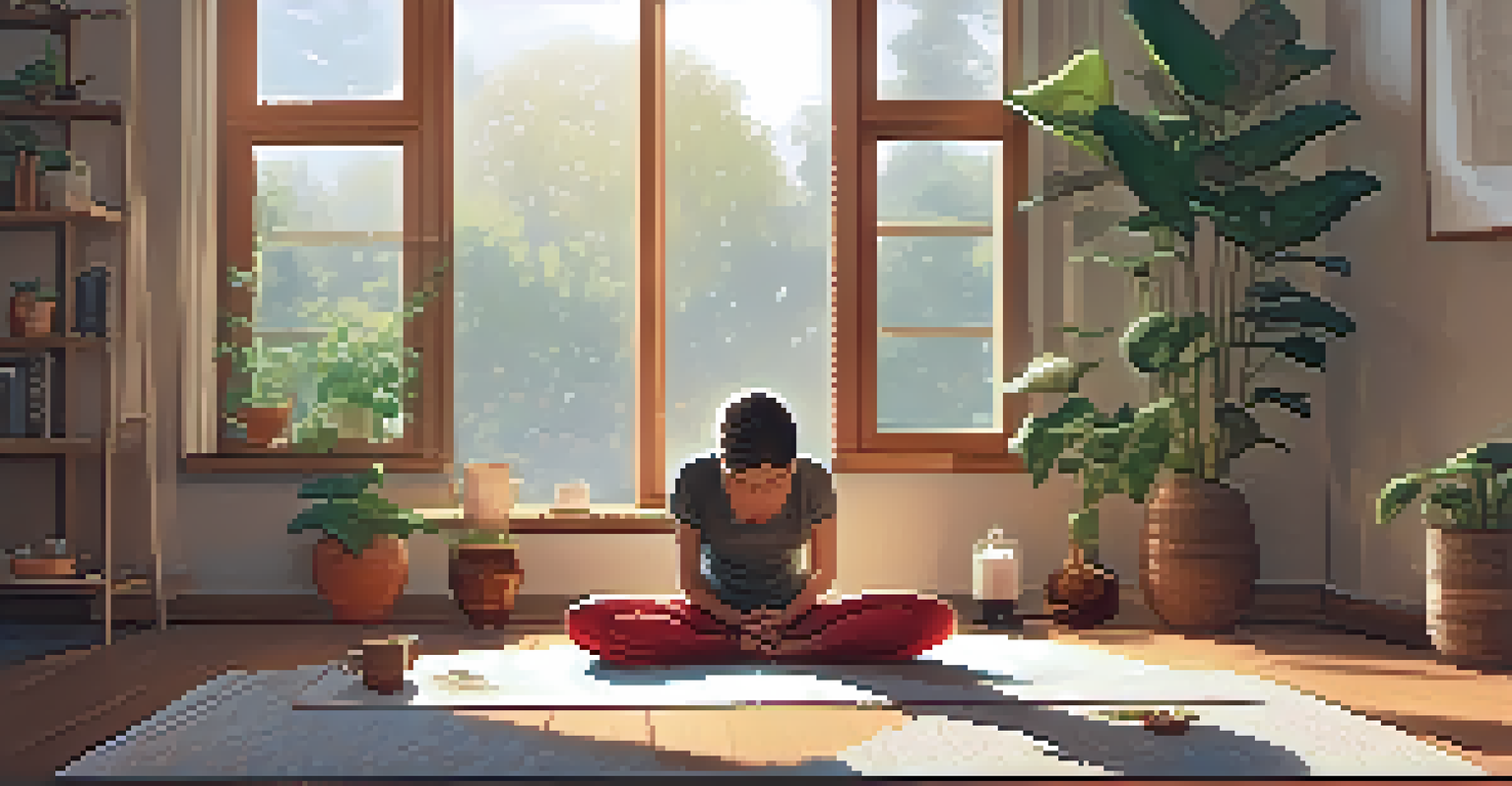 A person in Child's Pose on a yoga mat in a cozy living room, with warm lighting and a peaceful atmosphere.