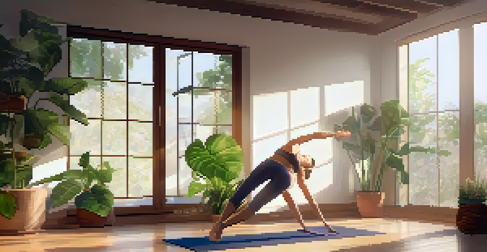 A person practicing yoga in a bright room filled with plants, sunlight streaming through the window.