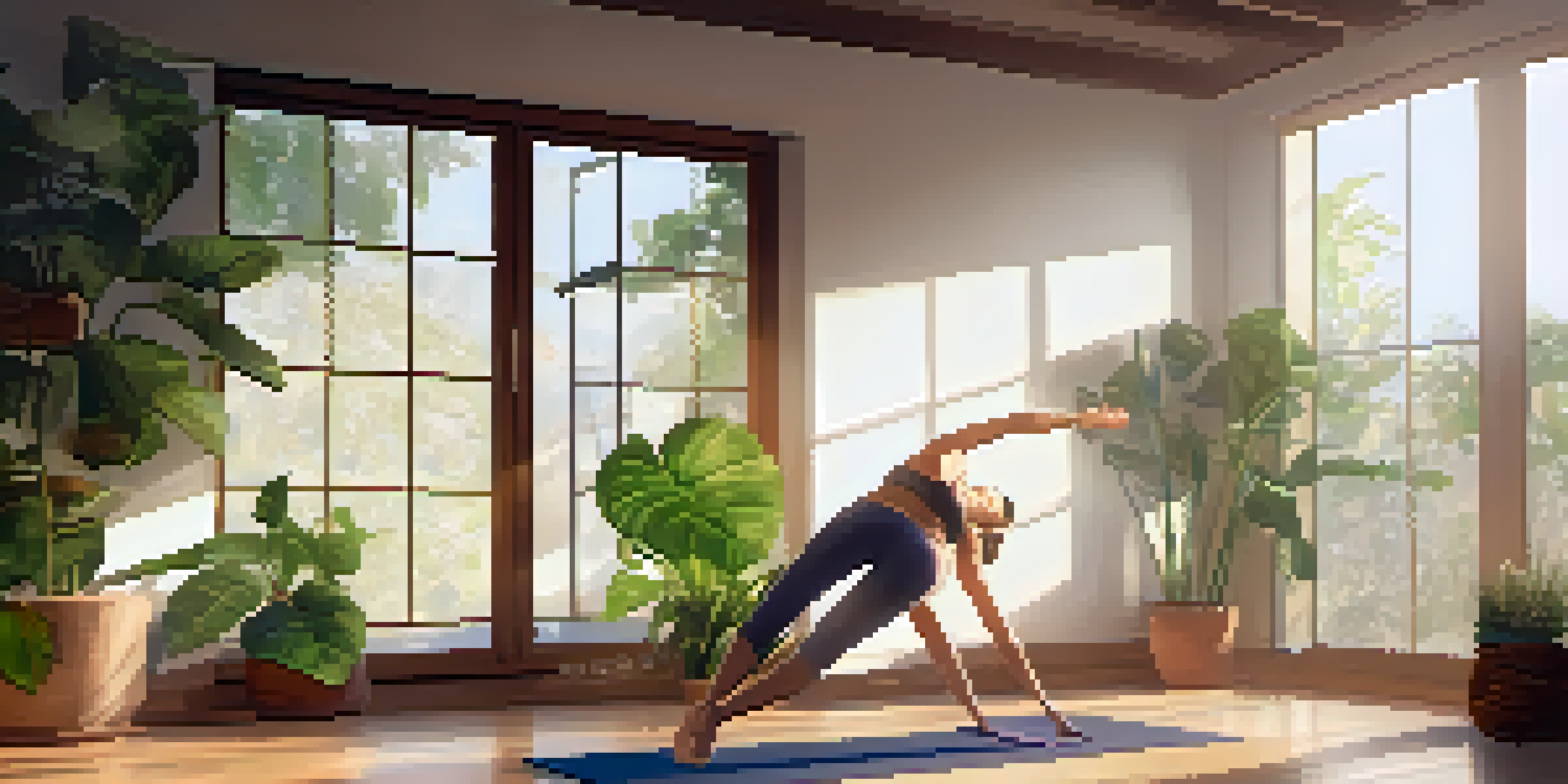 A person practicing yoga in a bright room filled with plants, sunlight streaming through the window.