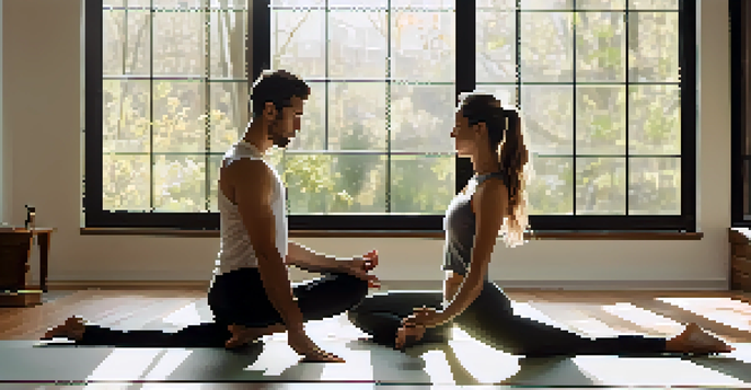 Two individuals practicing partner yoga back-to-back in a sunlit studio, arms extended, with plants and natural light creating a serene atmosphere.