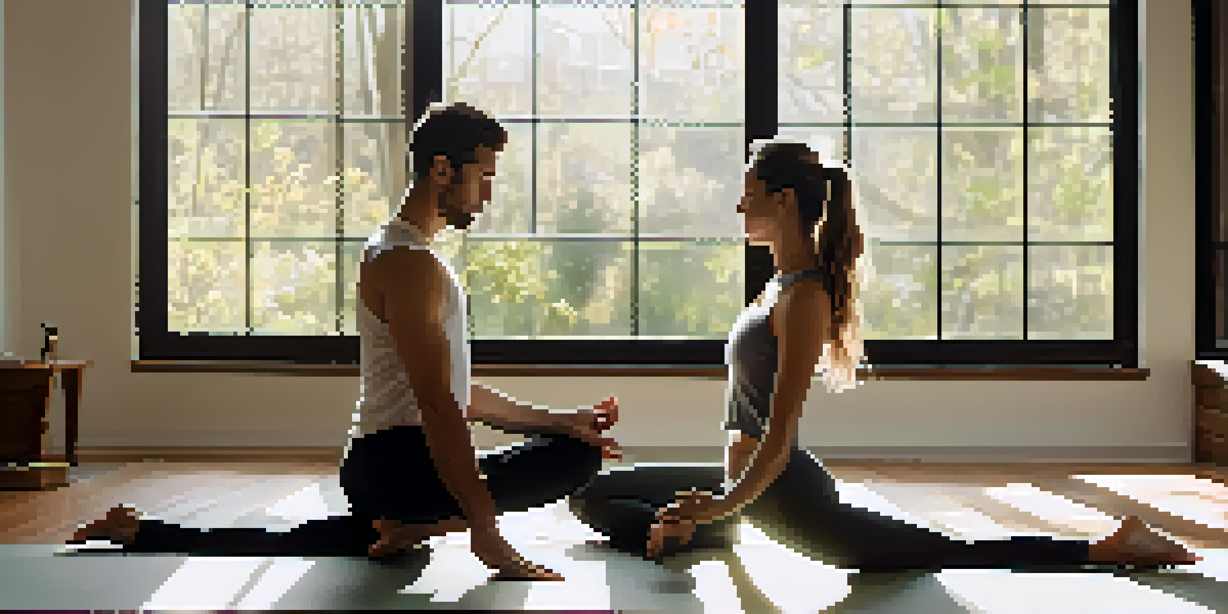 Two individuals practicing partner yoga back-to-back in a sunlit studio, arms extended, with plants and natural light creating a serene atmosphere.