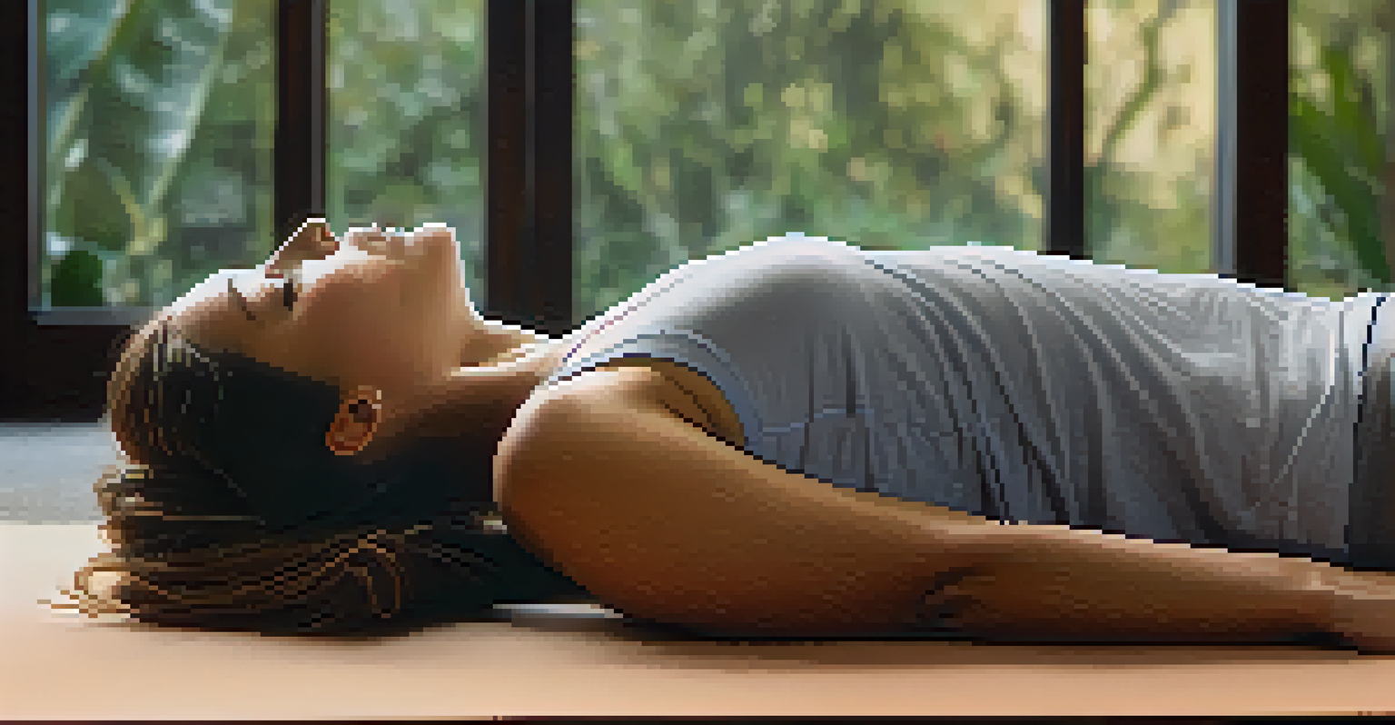 A close-up of a person practicing Ujjayi breath, showing their relaxed facial expression and throat position, set in a softly lit yoga environment.