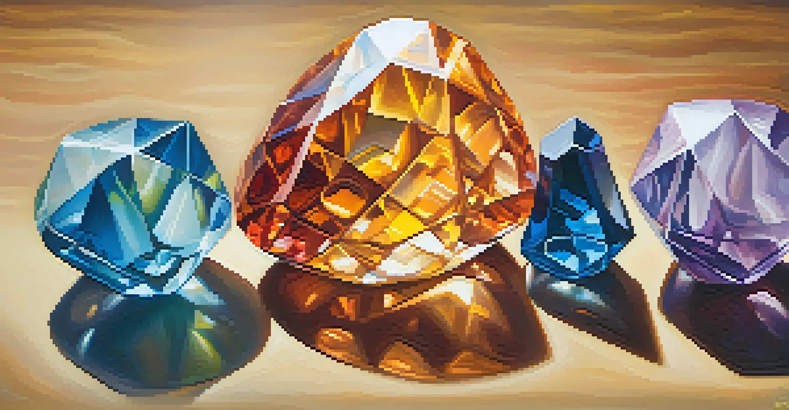 A close-up of colorful chakra crystals arranged in a harmonious display with soft lighting.