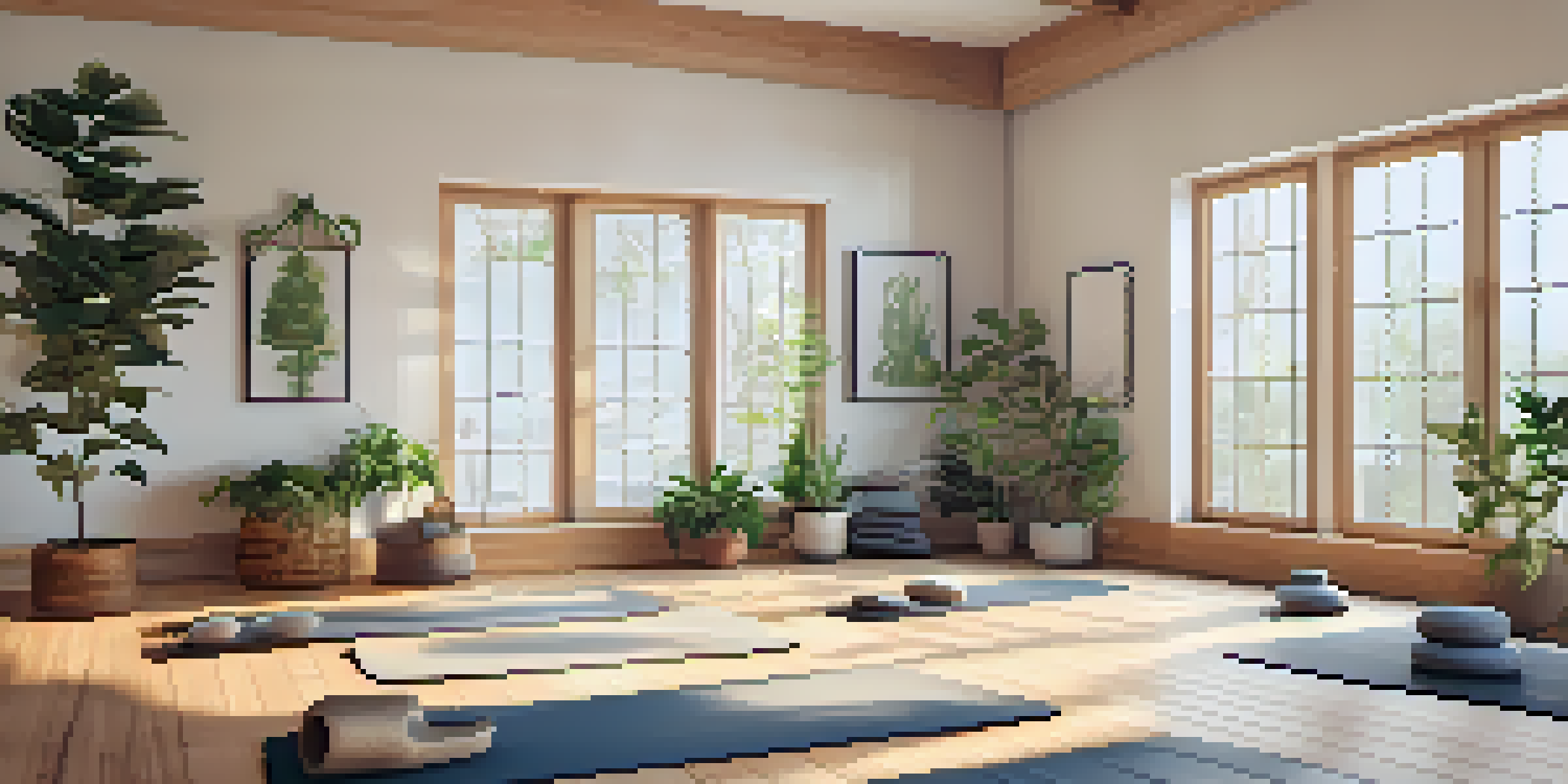 A peaceful yoga studio with natural light, plants, and yoga mats arranged for a class.