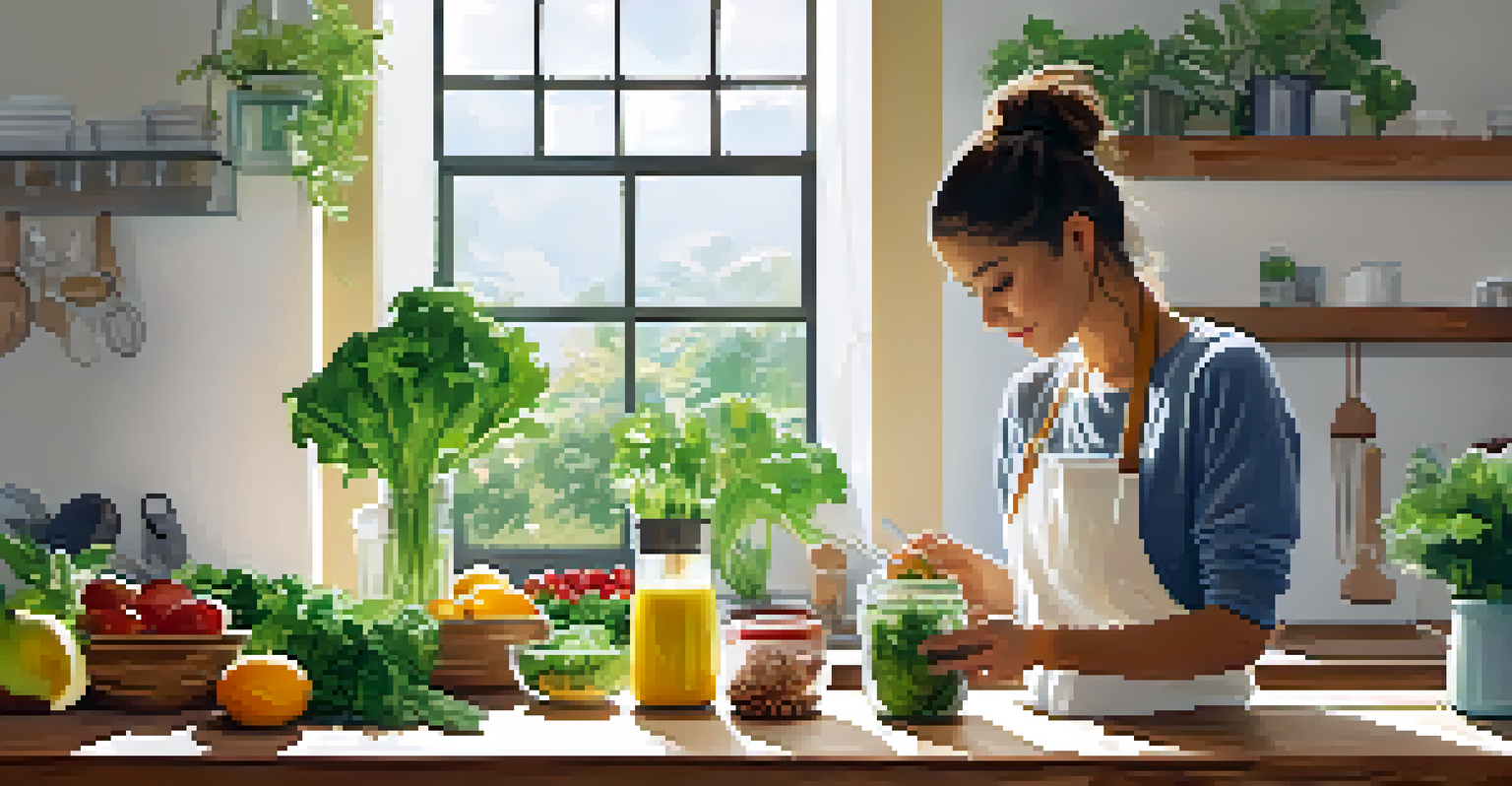 A bright kitchen scene with a person preparing a smoothie using fresh greens and fruits on a wooden countertop.