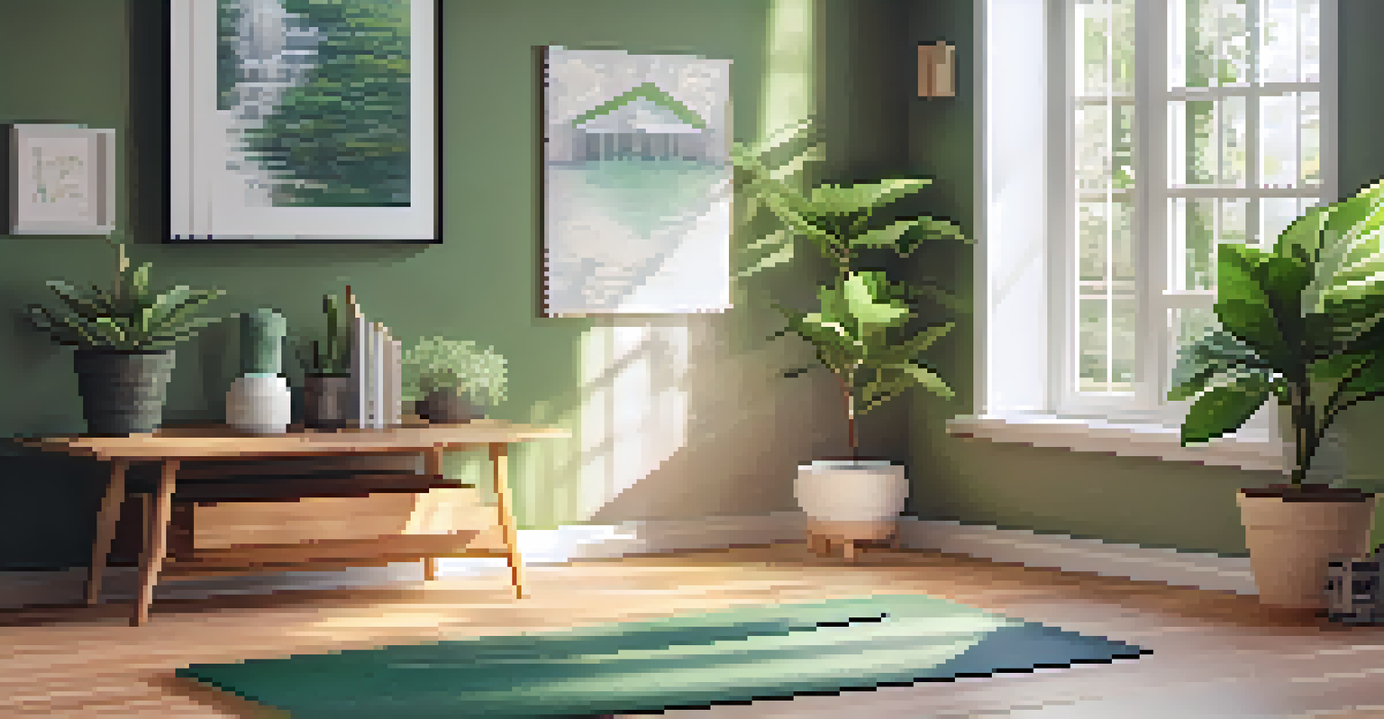 A dedicated yoga space with a mat, plants, and calming decor, illuminated by natural light.