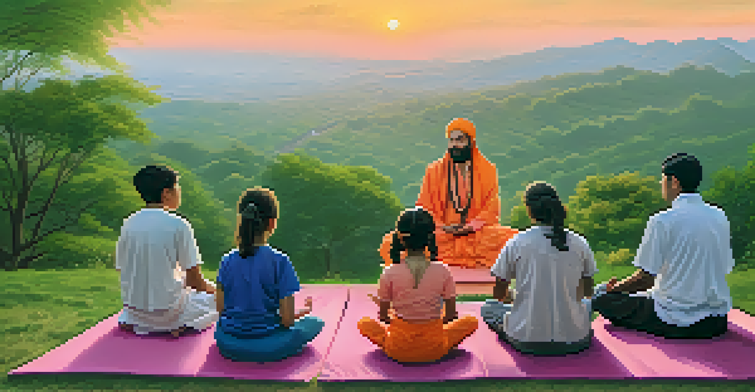 A guru in traditional attire leading yoga practice at sunrise on a hillside with students and a colorful sky.