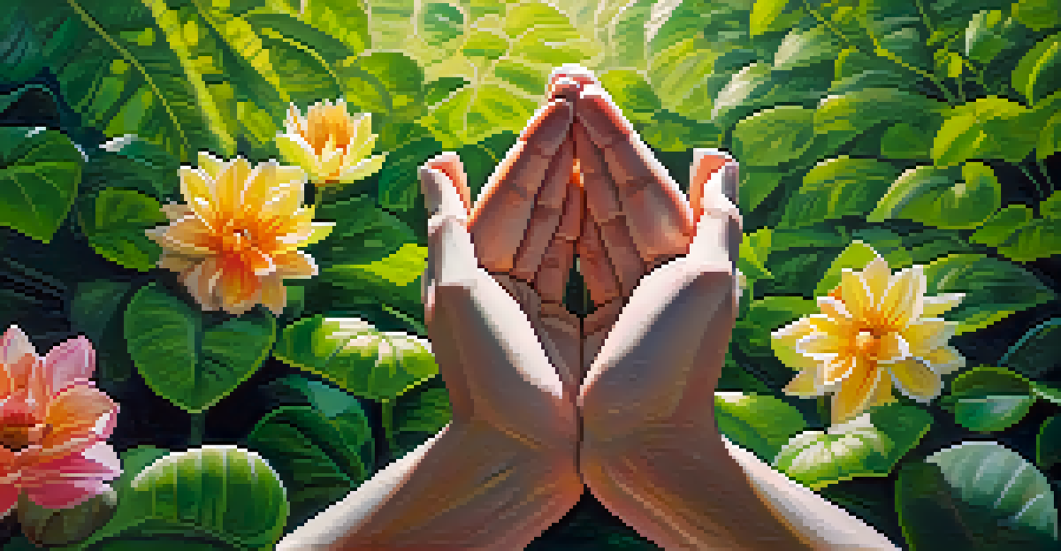 Close-up of hands in a yoga mudra pose, with green leaves and flowers in the background, illuminated by soft sunlight.