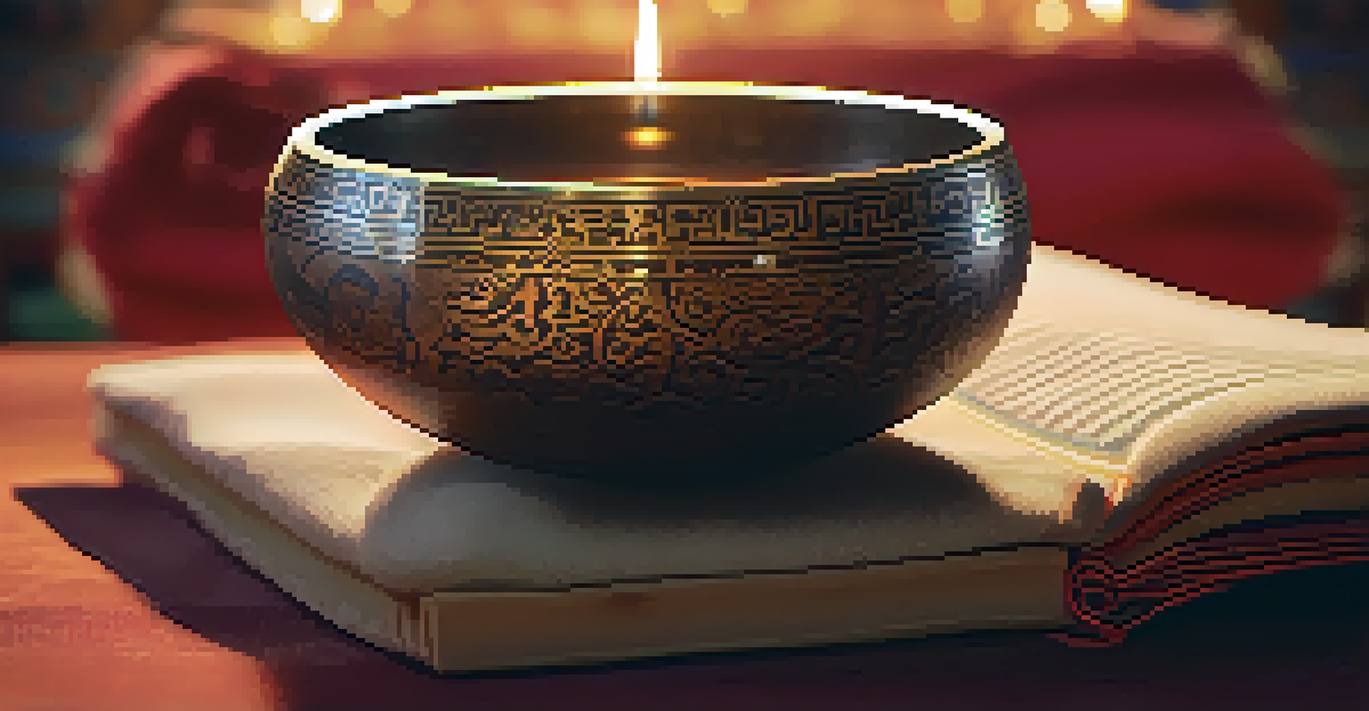 A close-up of a beautifully engraved Tibetan singing bowl on a cushion, with a wooden mallet and candlelight reflections in the background.