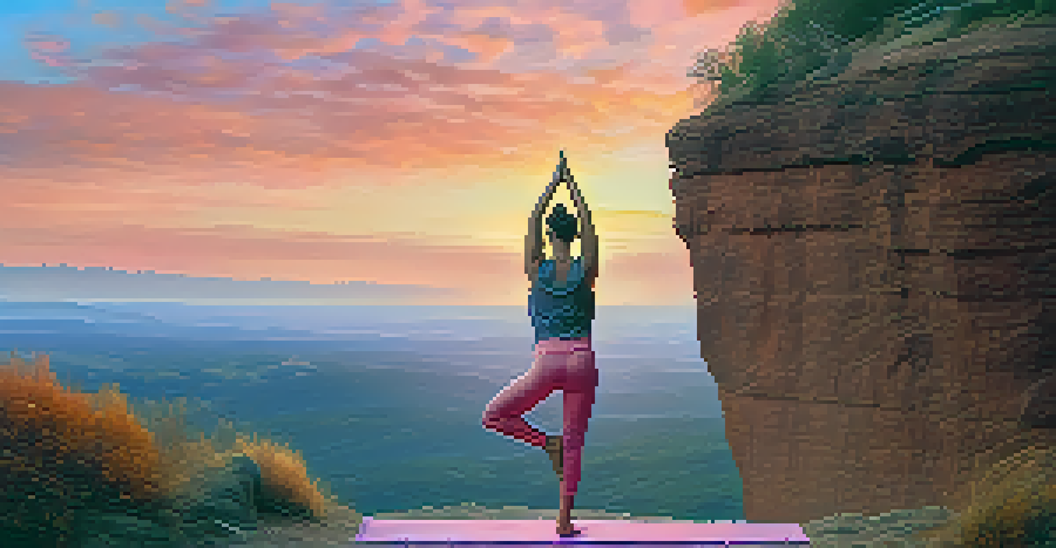 A person practicing yoga on a cliff at sunrise, embodying strength in Warrior II pose with a beautiful landscape behind them.