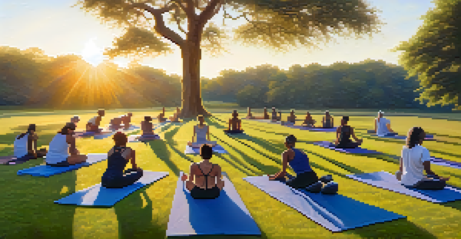 A group of people practicing yoga outdoors at sunrise, surrounded by nature and warm sunlight.