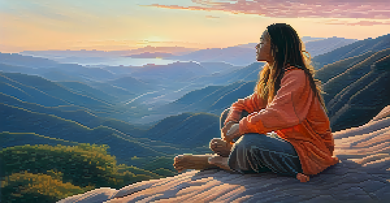 A person practicing breathwork on a mountaintop at sunrise, surrounded by a breathtaking landscape of hills and valleys.