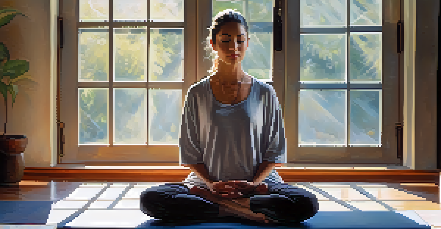 Close-up of a person meditating in a yoga pose, with soft sunlight creating a peaceful ambiance.