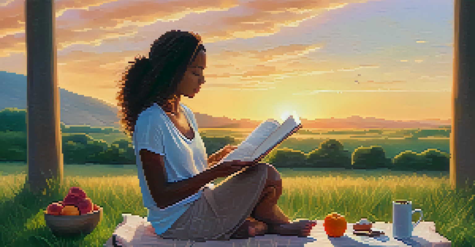 A person journaling about their mindful eating and yoga journey in a grassy field at sunrise, with a healthy breakfast spread nearby.