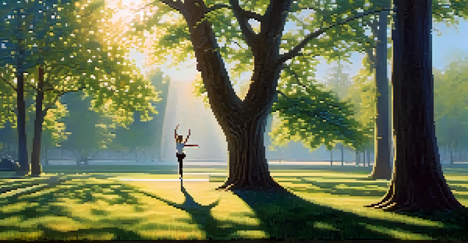 A person practicing Tree Pose in a peaceful park, surrounded by trees and a blue sky.