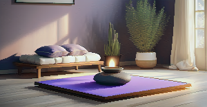A tranquil meditation area with cushions, a diffuser, and lavender plants, illuminated by warm lighting.