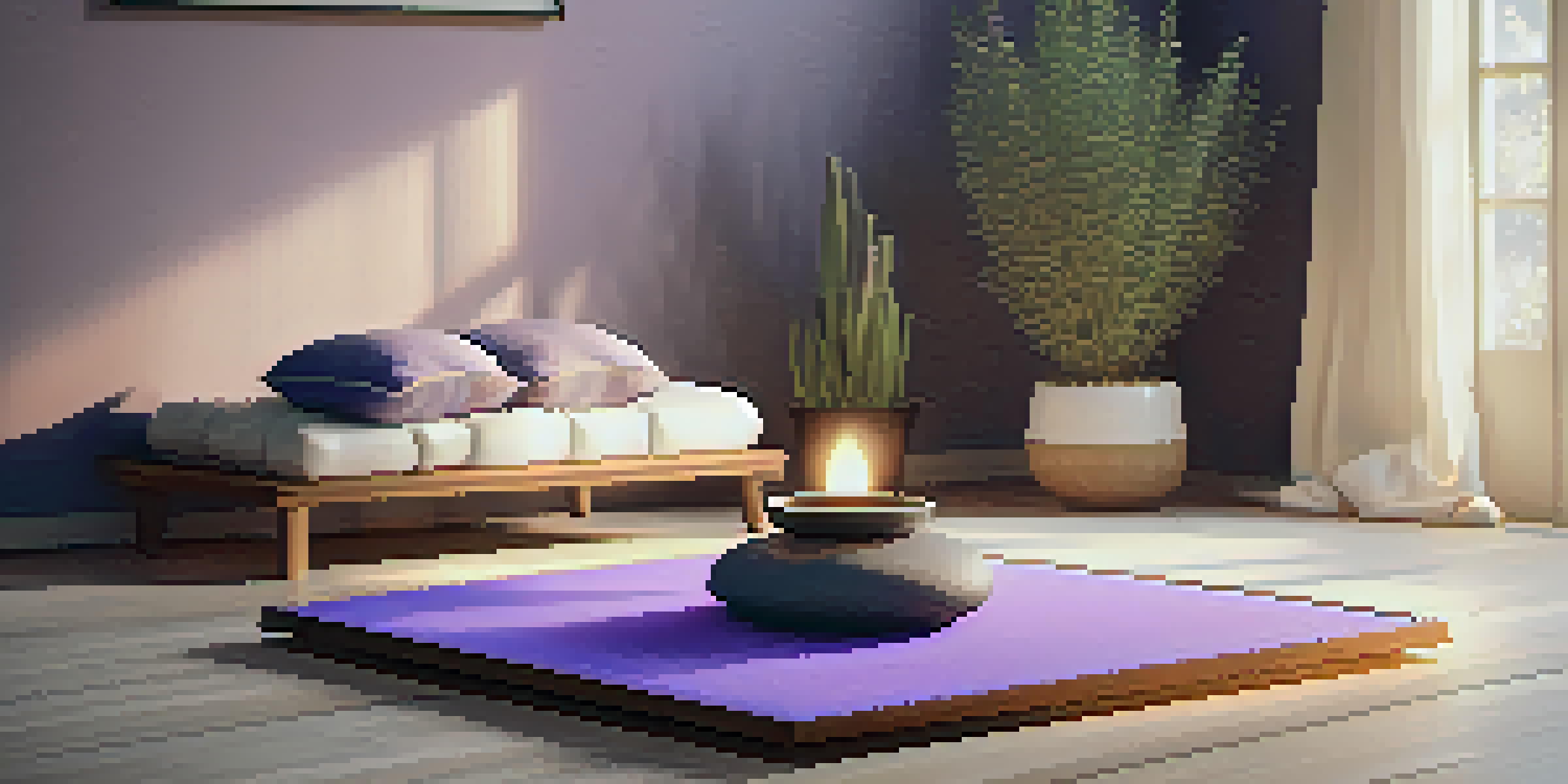 A tranquil meditation area with cushions, a diffuser, and lavender plants, illuminated by warm lighting.