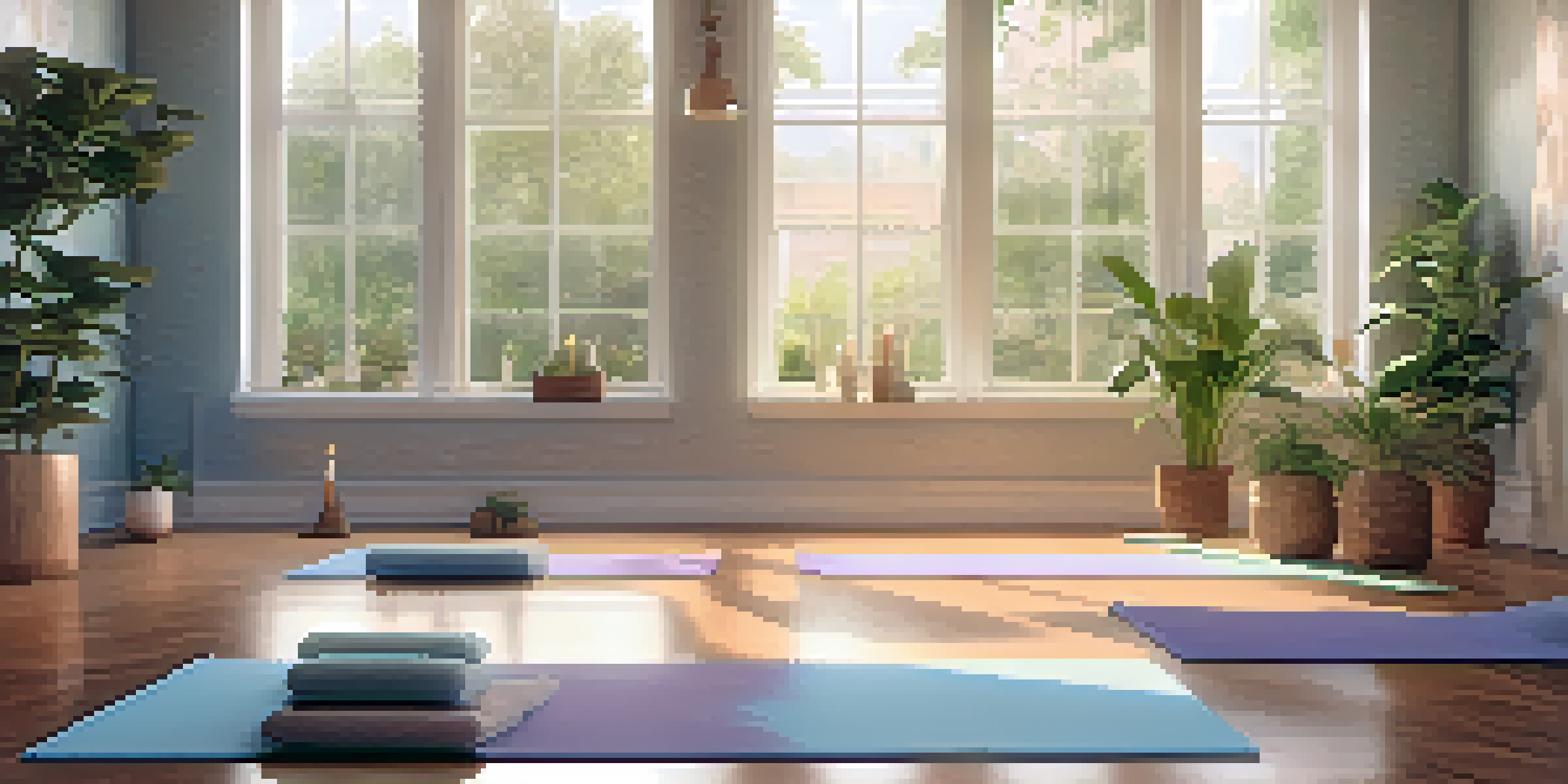 A peaceful yoga studio with natural light, candles, and a person meditating on a yoga mat.