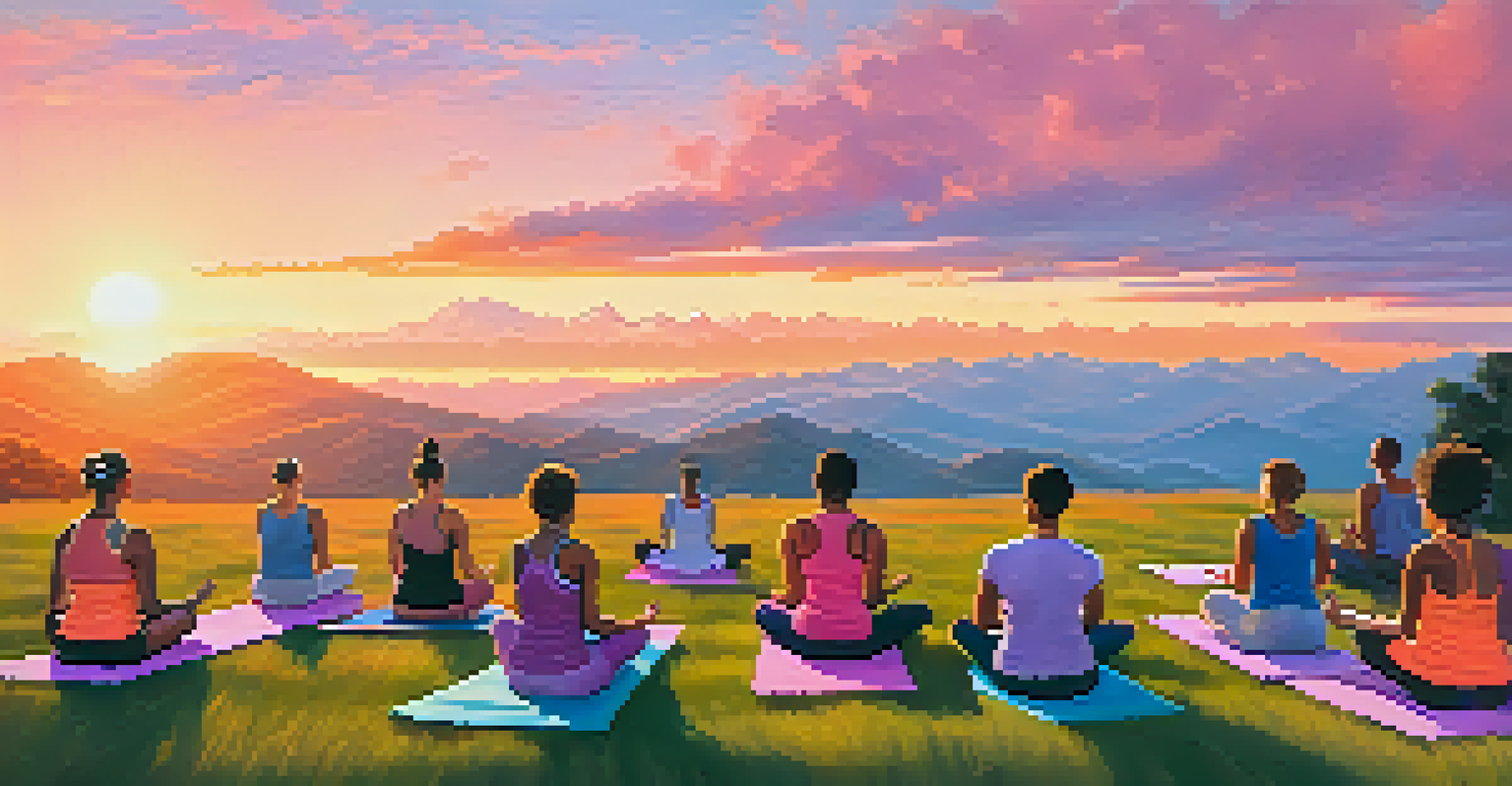 A diverse group of individuals practicing yoga on a grassy hilltop at sunrise, with a colorful sky and mountains in the background.