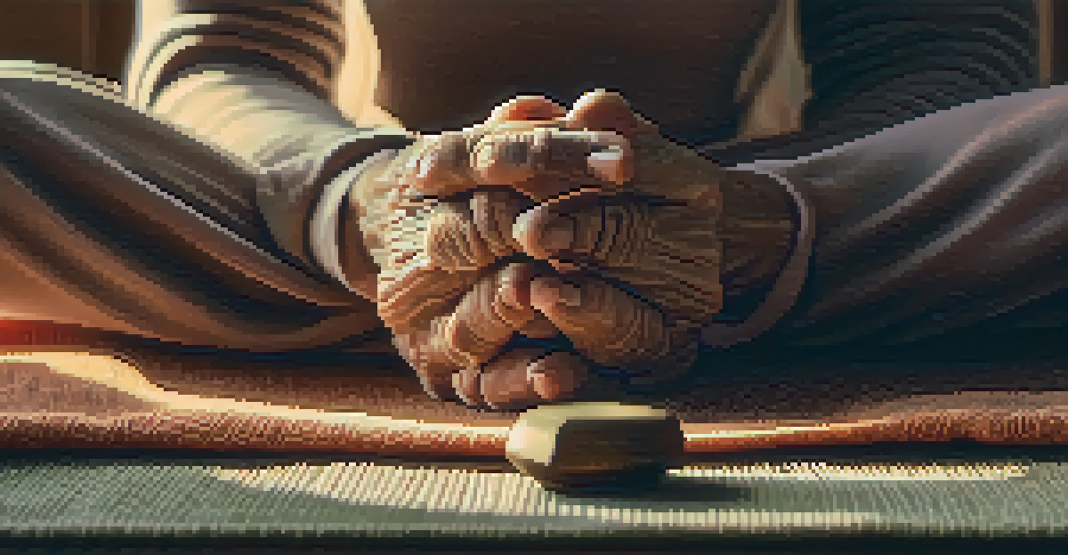 A close-up of a senior's hands in a meditative position on a yoga mat, with calming props nearby, symbolizing relaxation and mindfulness.