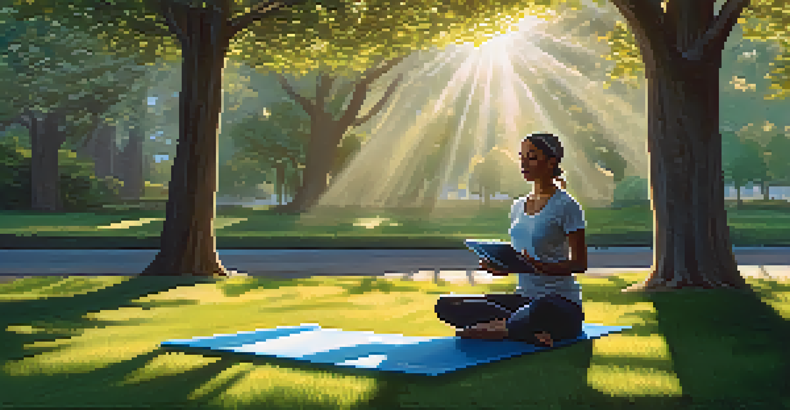 A person practicing breath control on a yoga mat in an outdoor workspace, surrounded by nature and work materials.