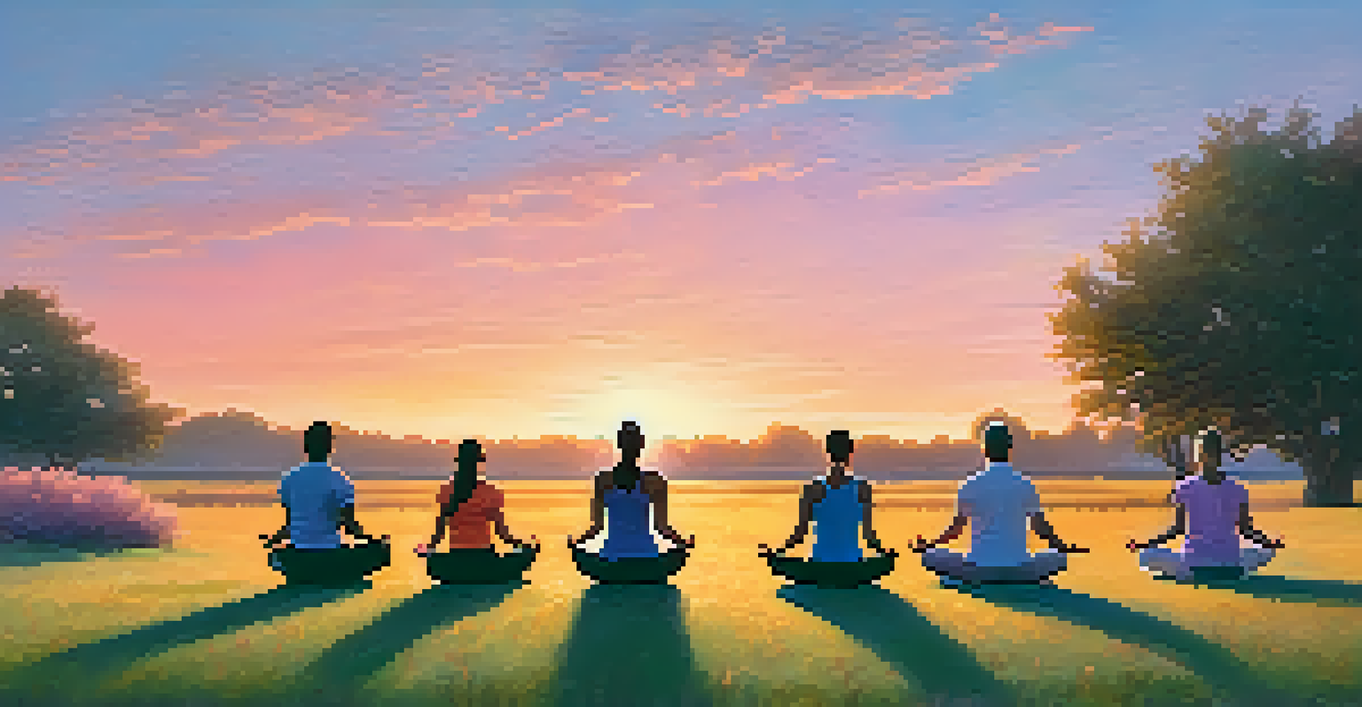 A diverse group of people practicing yoga outdoors at sunset in a grassy field.