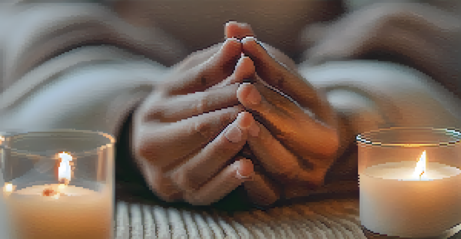 A close-up of a person's hands in a mudra gesture during meditation, with candles and soft lighting in the background.